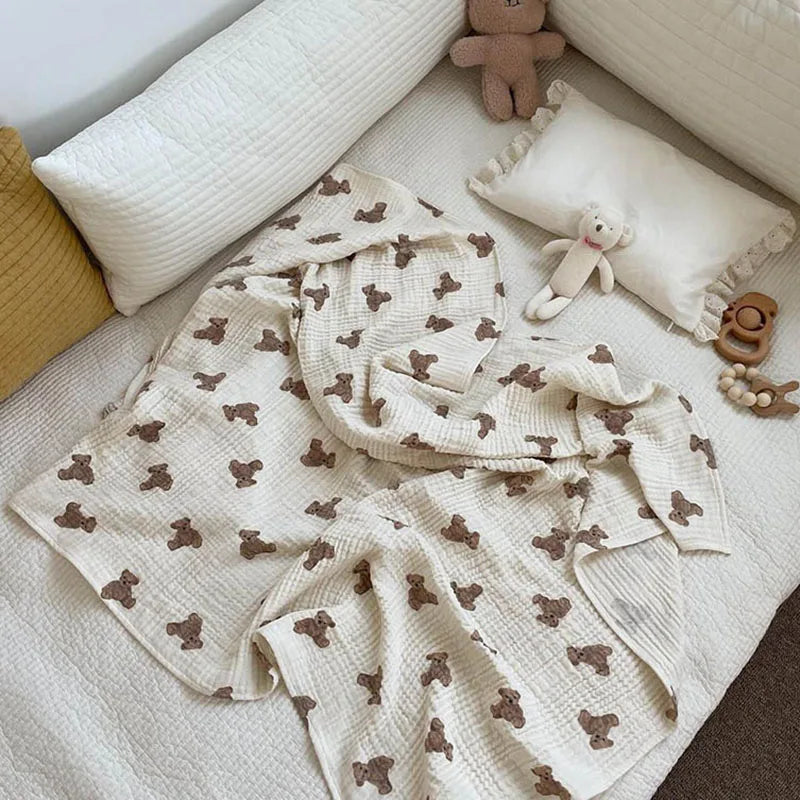 Bear Print Baby Blankets Muslin Cotton Wrap Blanket