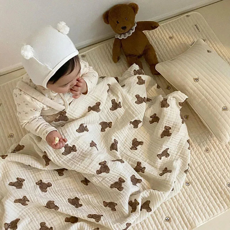 Bear Print Baby Blankets Muslin Cotton Wrap Blanket