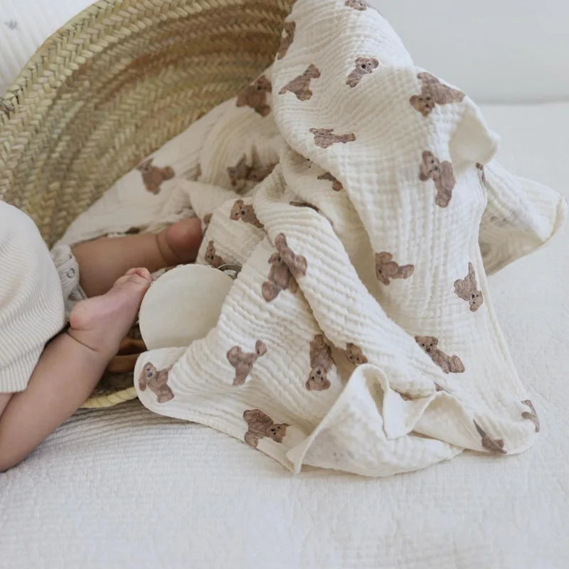 Bear Print Baby Blankets Muslin Cotton Wrap Blanket
