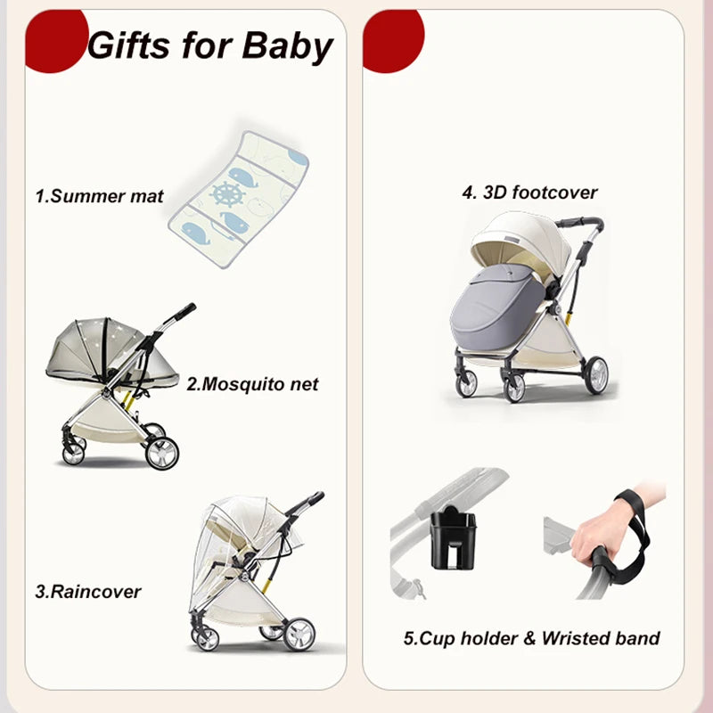 Luxurious Light High Landscape Baby Stroller Egg-shaped Seat for Newborn One Hand Recline Pushchair