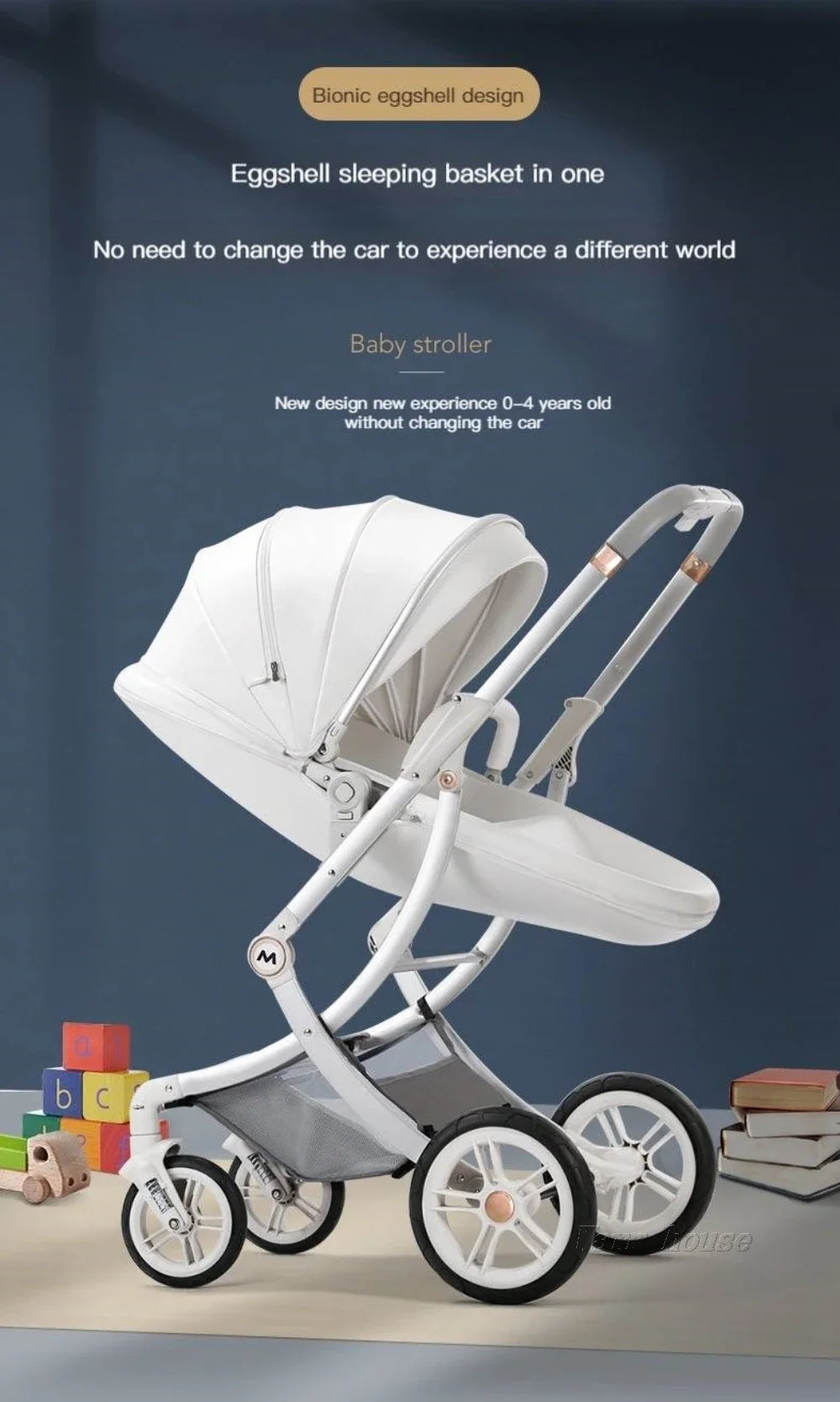 Baby Stroller 3in1,Luxury Baby Carriage with Car Seat, Eggshell Newborn Stroller