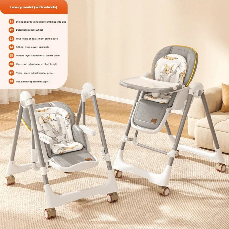 Baby dining chair, multifunctional foldable baby dining table chair, portable 2-in-1 rocking chair suitable for 0-6 years old
