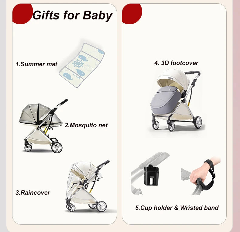 Luxurious Light High Landscape Baby Stroller Egg-shaped Seat for Newborn One Hand Recline Pushchair