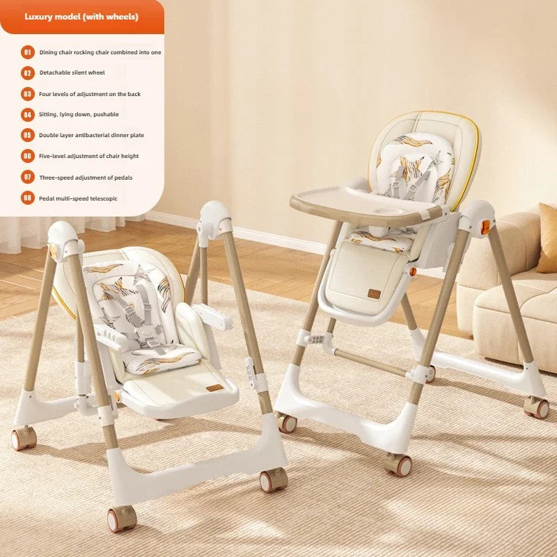 Baby dining chair, multifunctional foldable baby dining table chair, portable 2-in-1 rocking chair suitable for 0-6 years old