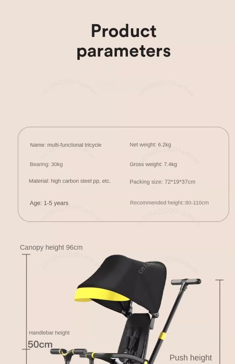 Lightweight Three-wheel Baby Stroller Adjustable Push Bar Foldable Three-wheel Baby Stroller