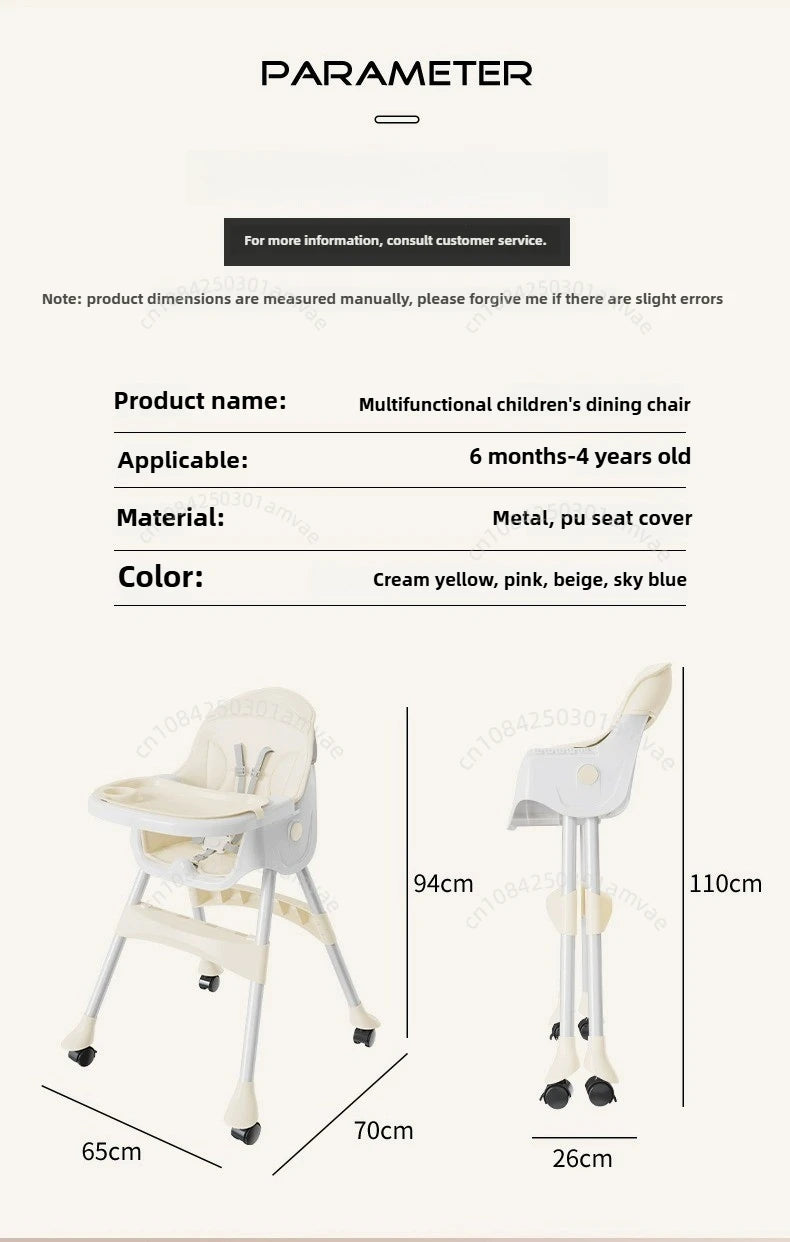 Portable Baby Dining Chair for Home Use Adjustable Height Multi-function Foldable High Chair