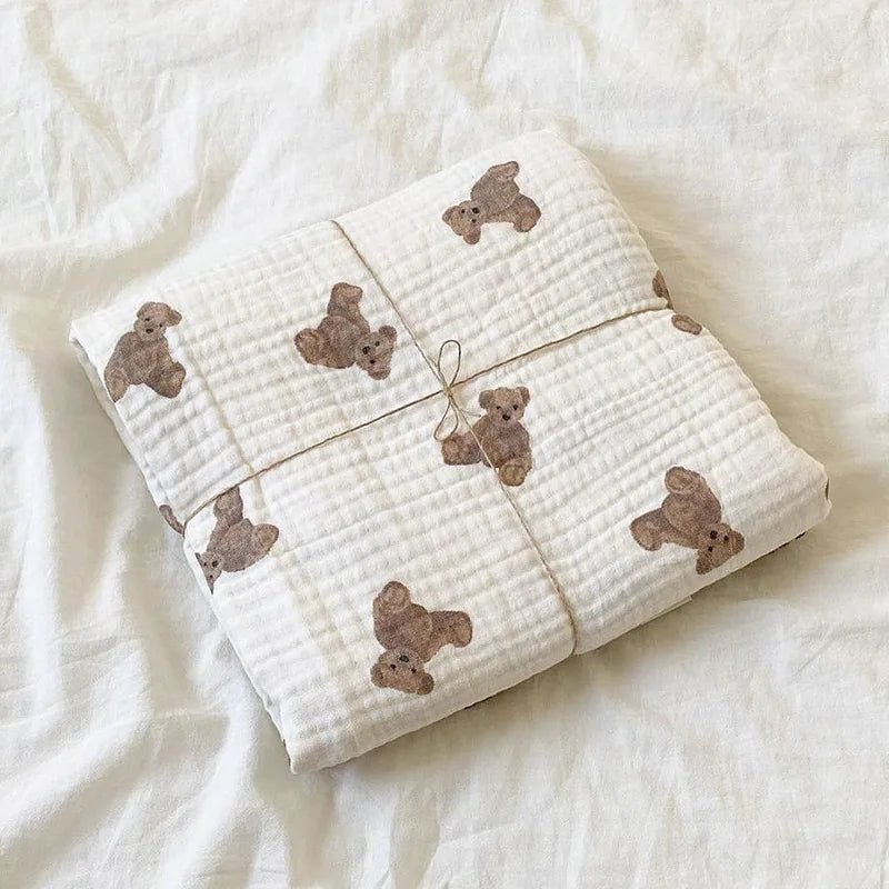 Bear Print Baby Blankets Muslin Cotton Wrap Blanket