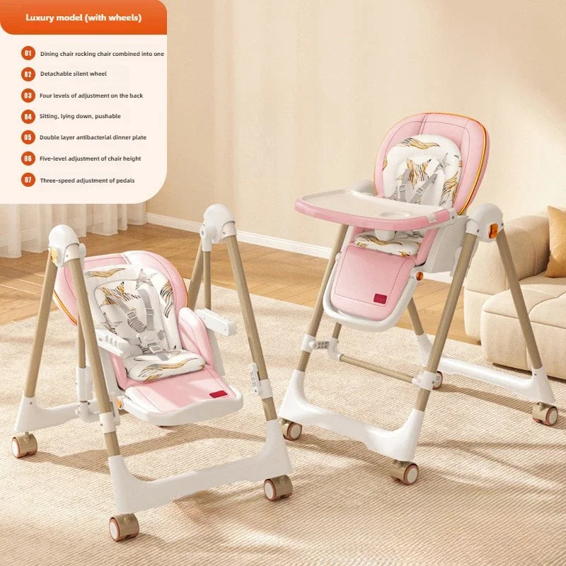 Baby dining chair, multifunctional foldable baby dining table chair, portable 2-in-1 rocking chair suitable for 0-6 years old
